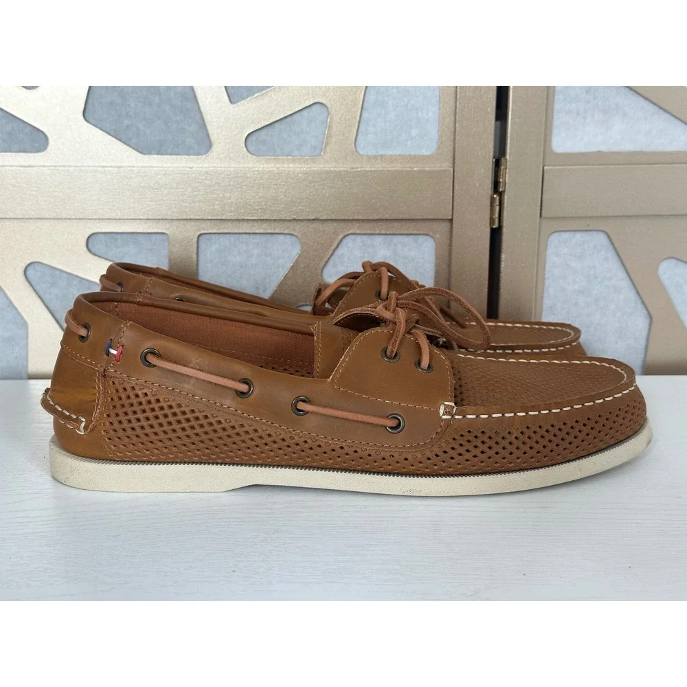 Tommy Hilfiger Mens Tan Perforated Leather Oxford Boat Shoes Size 13 Loafers